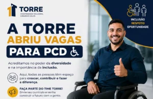Torre abre vagas para PCD VAGAS DISPONÍVEIS PARA PCD VAGA/CARGO: Agente, cabo de turma e servente de obras IDADE: a partir de 18 anos ESCOLARIDADE: Ensino fundamental ou médio BENEFÍCIOS: Vale transporte, Plano de saúde/odontológico, básica, vale refeição Cesta COMO PARTICIPAR: VAGA DISPONÍVEIS PARA PCD – TORRE