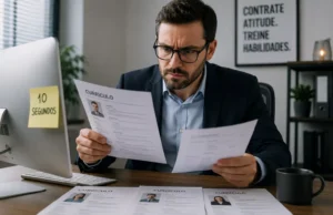 O que acontece com a maioria dos currículos — e por que tantos candidatos são ignorados antes mesmo da entrevista Imagem sugerida Recrutador analisando currículos rapidamente em frente ao computador, com expressão de avaliação crítica.