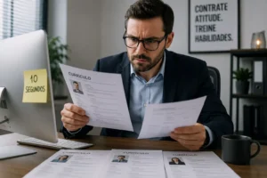 Imagem sugerida
Recrutador analisando currículos rapidamente em frente ao computador, com expressão de avaliação crítica.