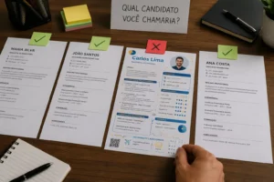 Imagem sugerida
Uma mesa de recrutamento com vários currículos impressos, destacando um currículo visualmente bagunçado em comparação aos demais.